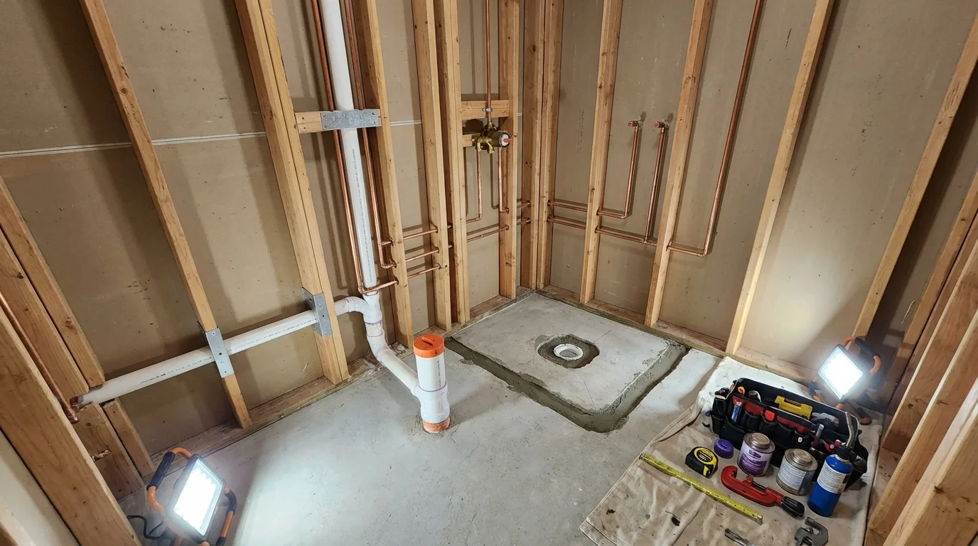 Bathroom rough-in plumbing during remodel by Johns Plumbing LLC in Atco