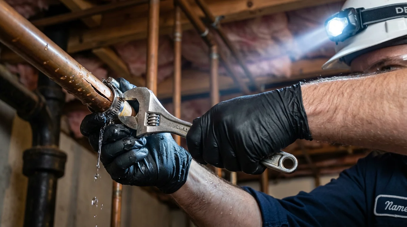 Emergency pipe clamp repair being performed by a Johns Plumbing LLC plumber in Atco