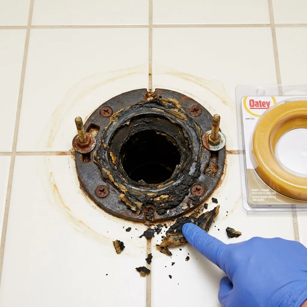 Failed wax ring showing water seepage at the base of a toilet in a Atco, NJ home